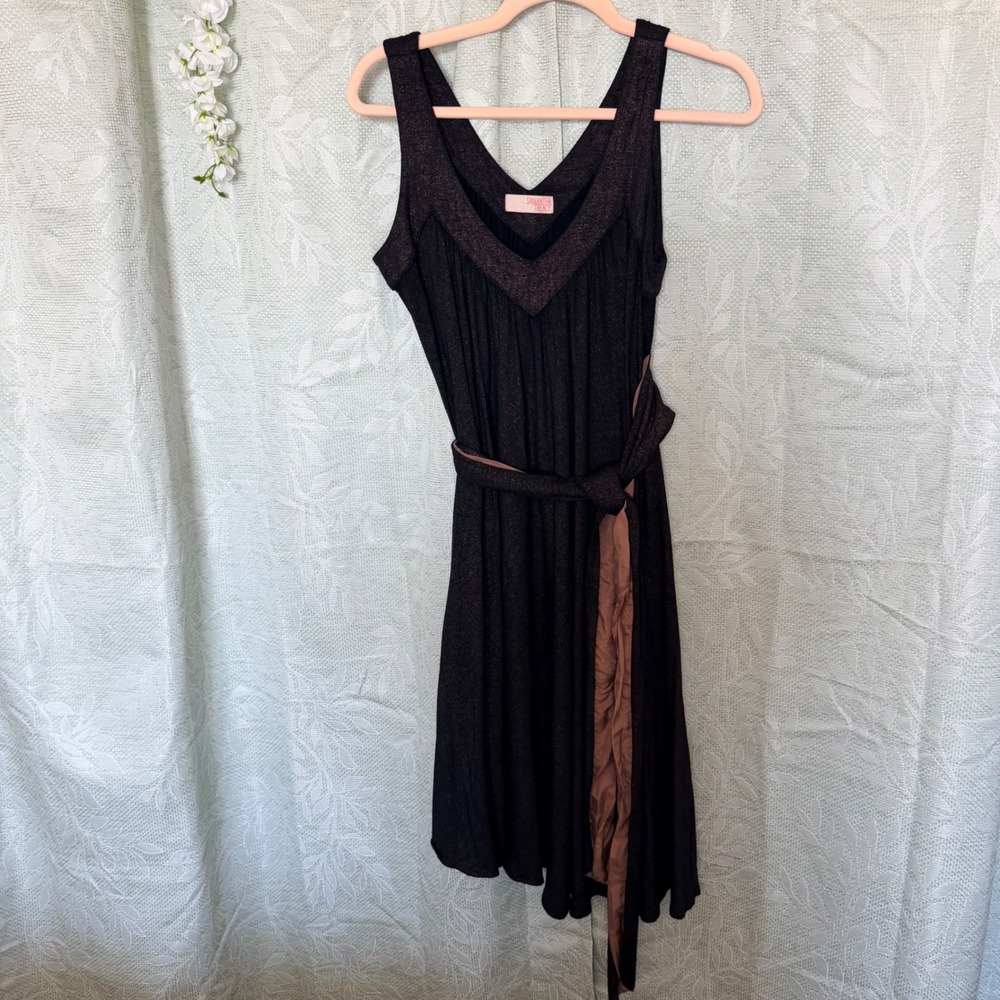 Samantha Treacy Black Bronze Shimmer Asymmetrical V-Neck Tie Waist Dress Size 4
